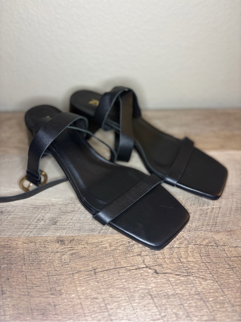 ZARA Black Square-Toe Block Heel Sandals with Ankle Strap